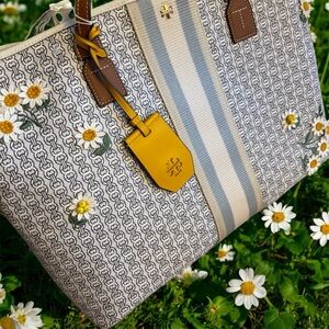 🌼NWT Tory Burch Gemini Link Canvas Daisy Floral Appliqué Tote 🌼🌼🌼